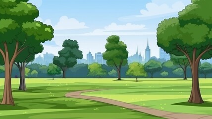 Cheerful cartoon illustration of a city park, brimming with greenery and a serene lake under a sunny sky