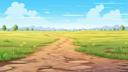 Obraz premium Whimsical cartoon illustration of a serene nature landscape with rolling hills and a clear blue sky