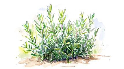 Colorful Watercolor Sketch of Rosemary Plant 