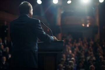 Politician speaks to an audience from the podium