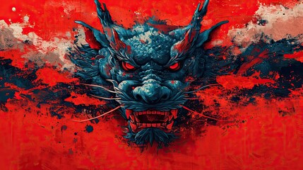 Vibrant Oni Mask Art: A Fierce Traditional Japanese Demon on a Vivid Red Background