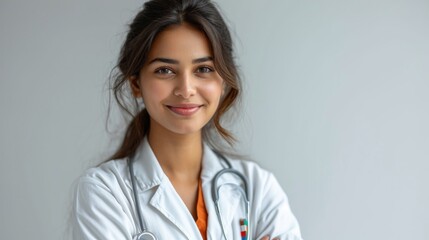 Portrait of a Confident Indian Female Doctor with a Stethoscope in a Medical Setting