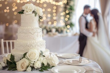 Wedding cake with flowers on a decorated table