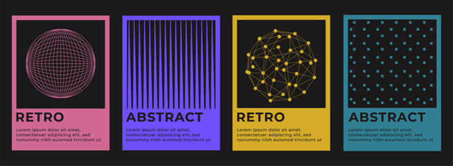 Set of abstract futuristic posters in Swiss style. modern graphic elements. Round spheres, abstract lines. Retro.