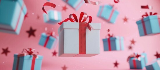 Minimal christmas concept idea featuring a white gift box tied with a red ribbon amidst blue gift boxes floating on a pink background.