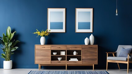  Living room with cabinet for tv on dark blue color wall background 