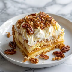 Butter Pecan Praline Poke Cake features a moist yellow cake base, visibly soaked with pecan praline topping and sweetened condensed milk, topped with fluffy whipped cream