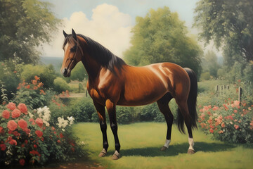 vintage painting art, horse in garden