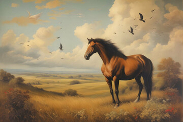 vintage painting art, horse in landscape with birds and clouds