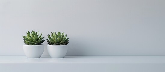 Two succulent plants are displayed on a white desk or shelf against a white wall, providing room for text.