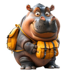 A 3D animated cartoon render of a cheerful hippopotamus leading stranded travelers to safety.