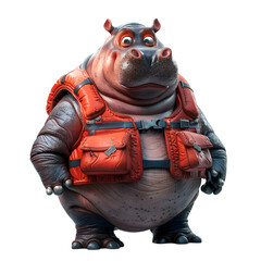 A 3D animated cartoon render of a heroic hippopotamus guiding lost wanderers to safety.