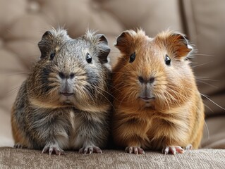 Two cute Guinea Pigs eating veggies on a couch.  - obrazy, fototapety, plakaty