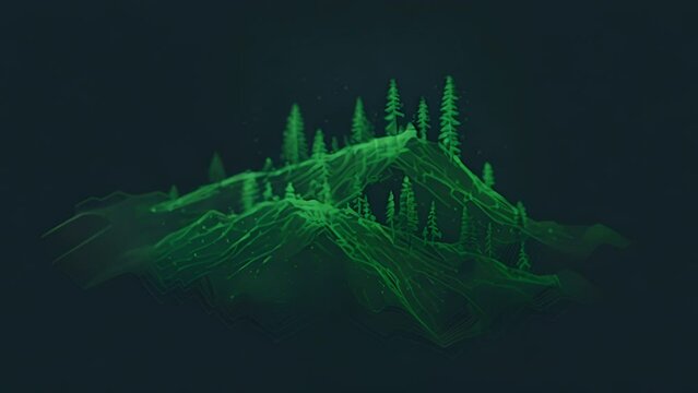 Pulling focus and tracking trees growing from a 3D topographical grid. Background for drone or LIDAR company.
