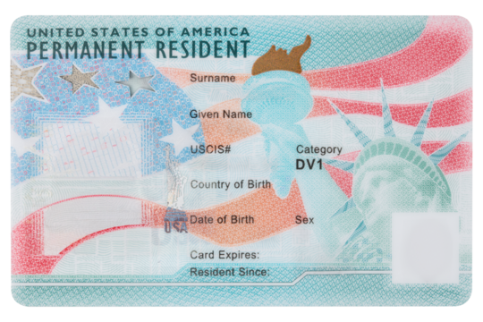 Green Card. Immigrant ID. US Permanent resident card. Immigration to USA. Electronic Diversity Visa Lottery DV-2024 DV Lottery Results. United States of America. American dream. Isolated background