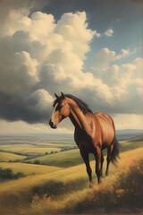 vintage painting art, horse in landscape with clouds, vertical orientation