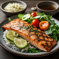 Grilled Salmon with Rice and Salad - generated by ai