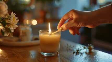 A hand holding a match ready to light the candles and start an evening of relaxation indulgence and selfcare.