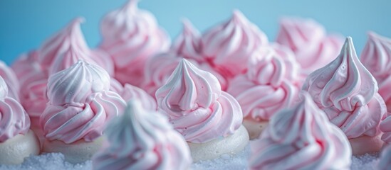 Pink and white swirled meringues close-up, set against a blue backdrop.