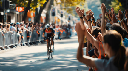 Spectators are cheering on the cyclists. - obrazy, fototapety, plakaty