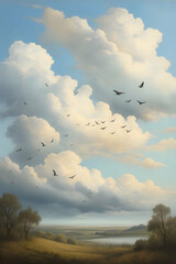 Obraz premium vintage painting art, landscape with birds and clouds, vertical orientation