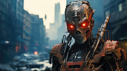 Futuristic cyborg warrior in a dystopian city