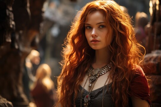 Mysterious redheaded woman with piercing gaze