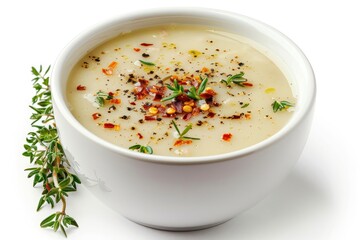 vegetable cream soup decorated with chili flakes and thyme isolated on white background - generative ai