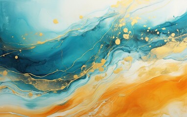 Vibrant abstract fluid art painting with golden and turquoise tones