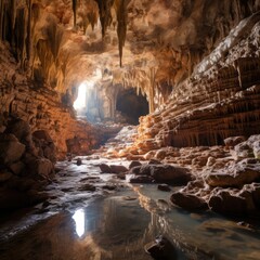 Majestic underground cave with stunning rock formations and reflective pool