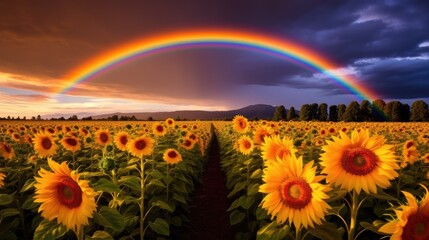 Obraz premium Vibrant sunset over sunflower field with rainbow