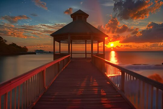 Gazebo on wooden pier at sunset in the beach. Generate AI image