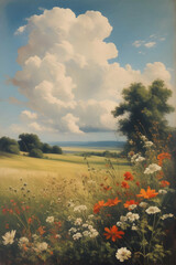 vintage painting art, summer flowers landscape with clouds, vertical orientation