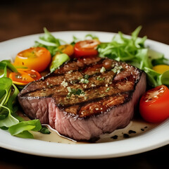 Grilled sirloin steak with fresh vegetable salad - generated by ai