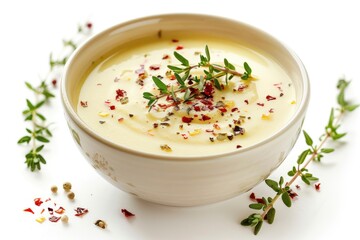 vegetable cream soup decorated with chili flakes and thyme isolated on white background - generative ai - obrazy, fototapety, plakaty
