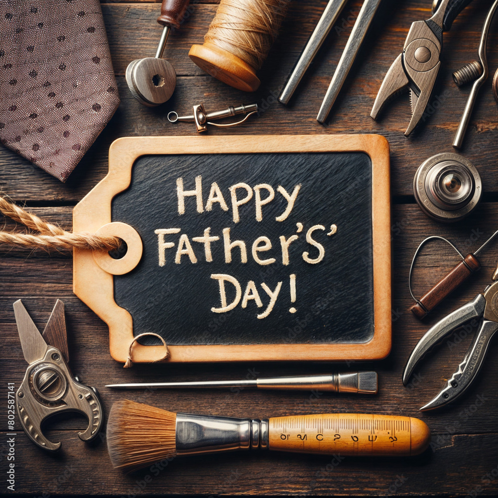 Fototapete happy fathers day message on a chalkboard tag with frame of tools and ties on a wooden background, v