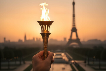 closeup back view of an athlete holding in hand olympic games fire torch in front of eiffel tower - obrazy, fototapety, plakaty