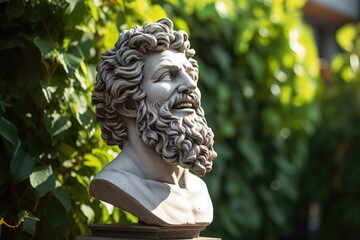 Weathered stone bust with curly hair and beard