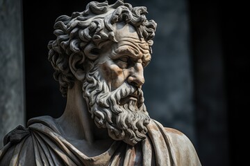 Fototapeta premium Dramatic stone sculpture of a bearded man with intense expression