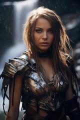 Fierce warrior woman in the rain
