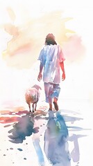 Painting of Jesus and Lamb in Soft Colors on White Background