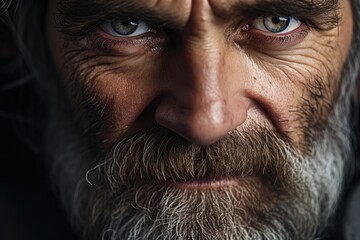 Intense gaze of a weathered man with a thick beard