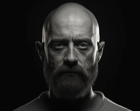 Intense stare of a bald man with a thick beard