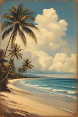 vintage painting art, beach with palms and clouds, vertical orientation