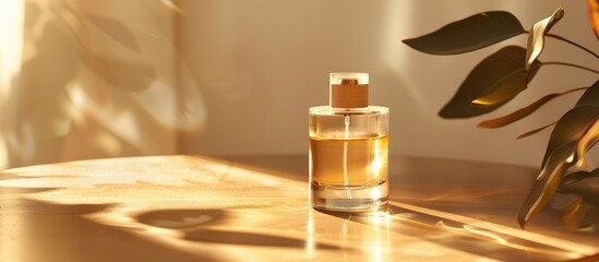 Product photography of a refillable travel-sized perfume bottle placed on a table with warm pastel and golden tones, intended for commercial brand packaging mockup. Copy space is available.