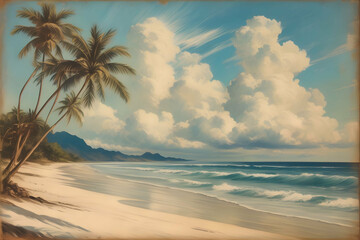 vintage painting art, beach with palms and clouds