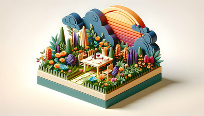 3D Business Flat Icon Cartoon: Garden Gastronomy Sunset Splendor - Delight in Enchanting Dining Experience Amidst Nature's Beauty with Lush Gardens and Seasonal Flavors