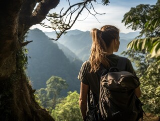 Naklejka premium hiker enjoying scenic mountain view
