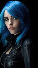 Fototapeta premium Striking blue-haired woman in black leather jacket