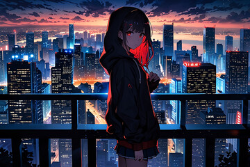 Anime girl standing on the balcony, city landscape, anime wallpaper